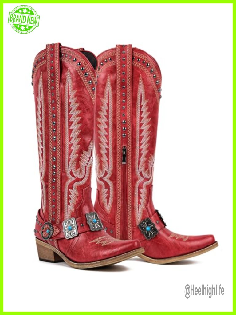Women's Cowboy Boots With Embroidery Belt Buckle Chains - Western Knee High
